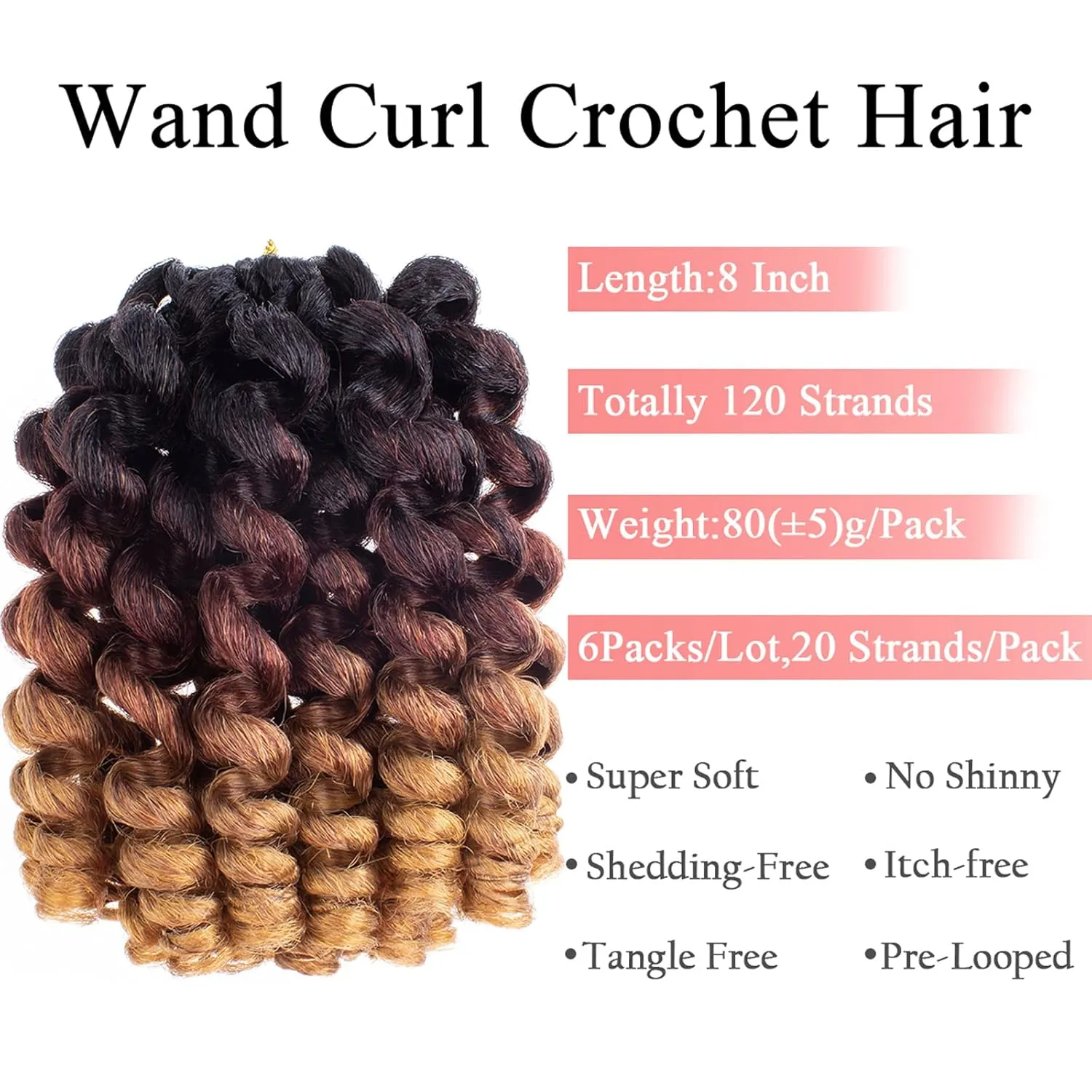 Leeven 8 Inch 6 Packs Wand Curl Crochet Hair Ombre Brown to Blonde Jamaican Bounce Crochet Braids Hair Extension for Women 20 Strands/Pack Synthetic Jumpy Wand Curly Braiding Hair 1B/30/27#