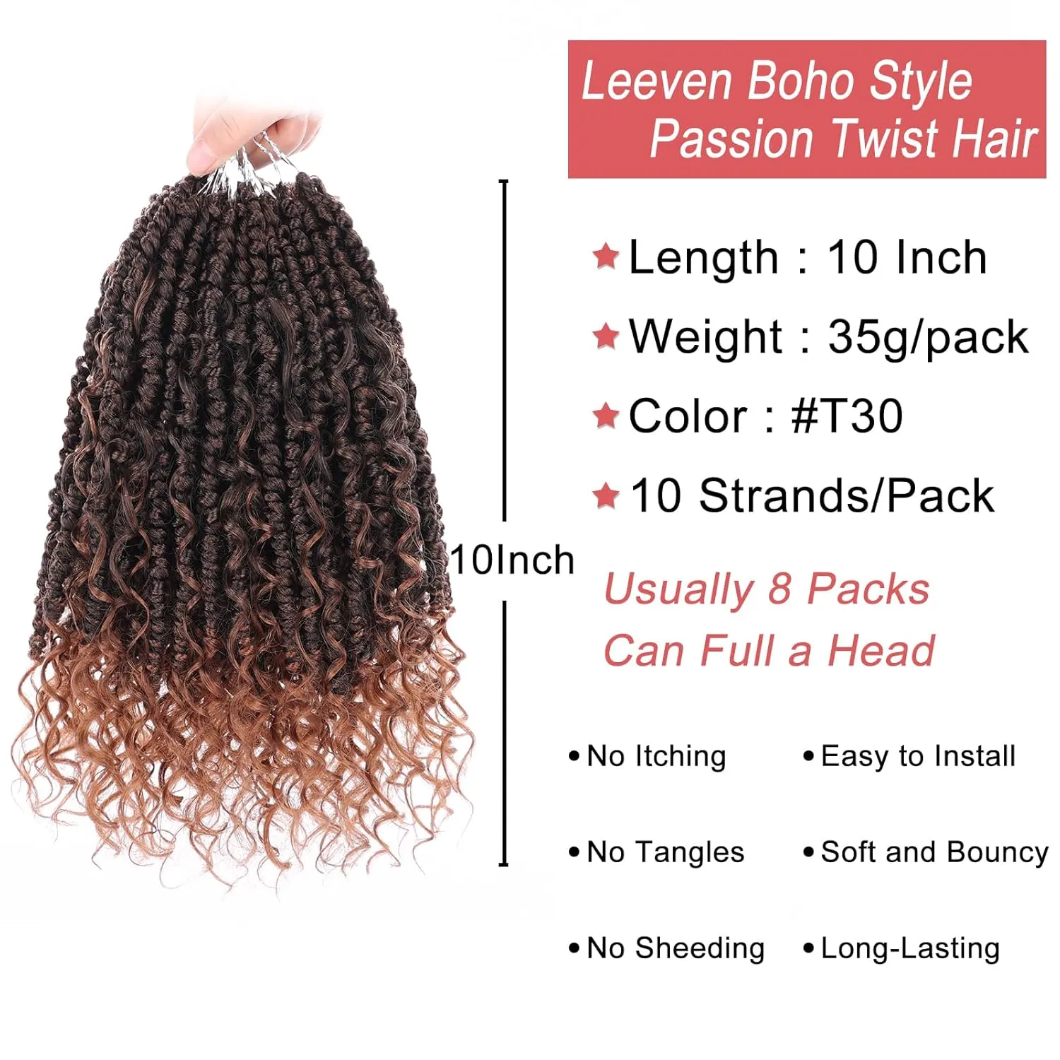 Leeven 8 Packs 10 Inch Goddess Passion Twist Crochet Hair Ombre Brown Boho Style Crochet Twist Pre Twisted Bomb Twist Curly Ends Pre Looped Bohemian Synthetic Braids for Women #T30