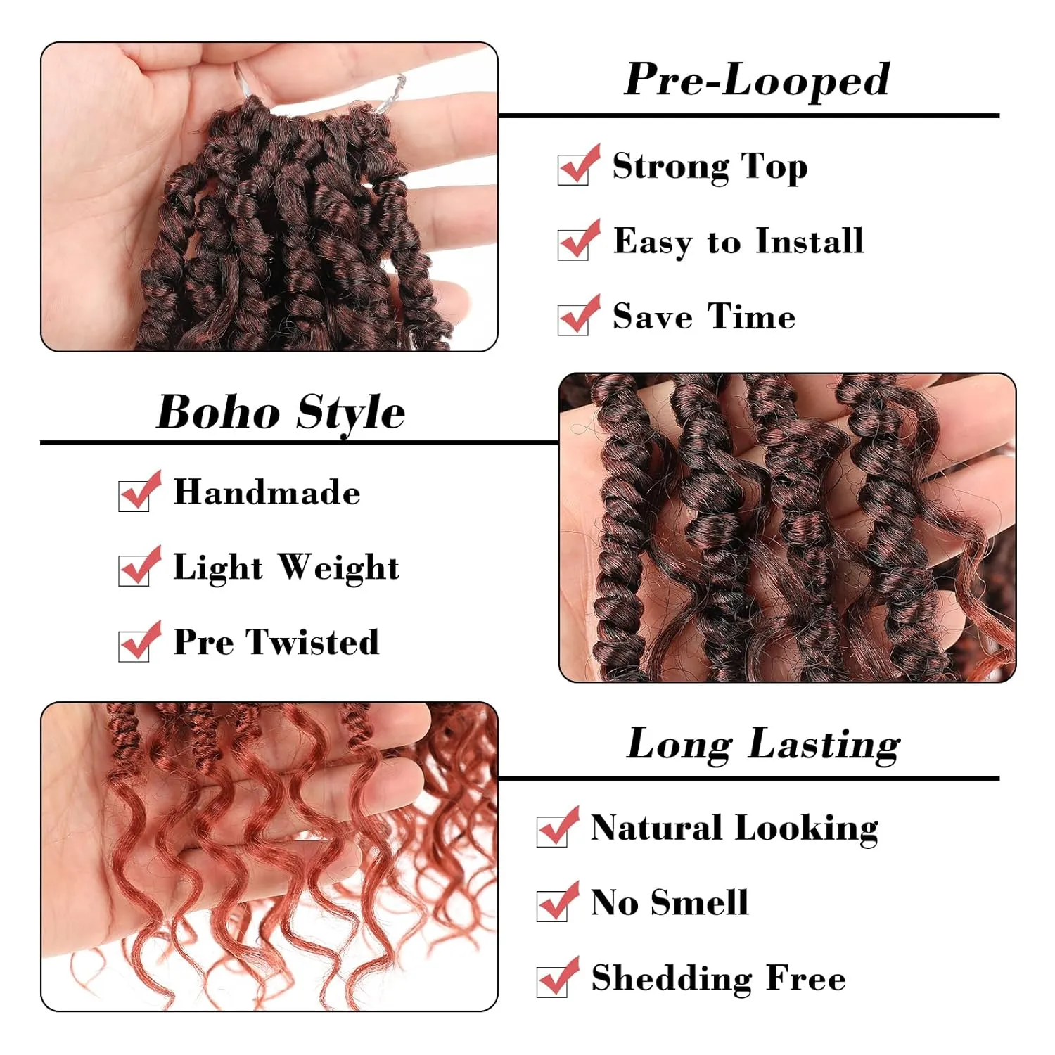 Leeven 8 Packs 10 Inch Goddess Passion Twist Crochet Hair Ombre Copper Red Boho Style Crochet Twist Ginger Pre Twisted Bomb Twist Curly Ends Pre Looped Bohemian Synthetic Braids for Women #T350
