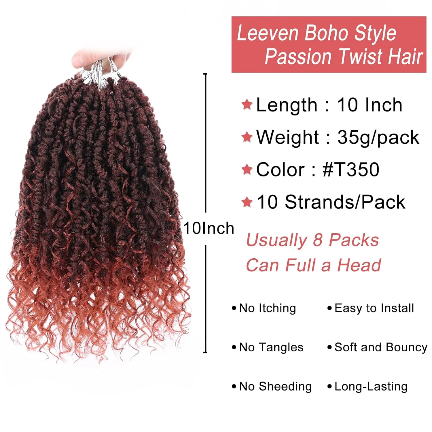 Leeven 8 Packs 10 Inch Goddess Passion Twist Crochet Hair Ombre Copper Red Boho Style Crochet Twist Ginger Pre Twisted Bomb Twist Curly Ends Pre Looped Bohemian Synthetic Braids for Women #T350