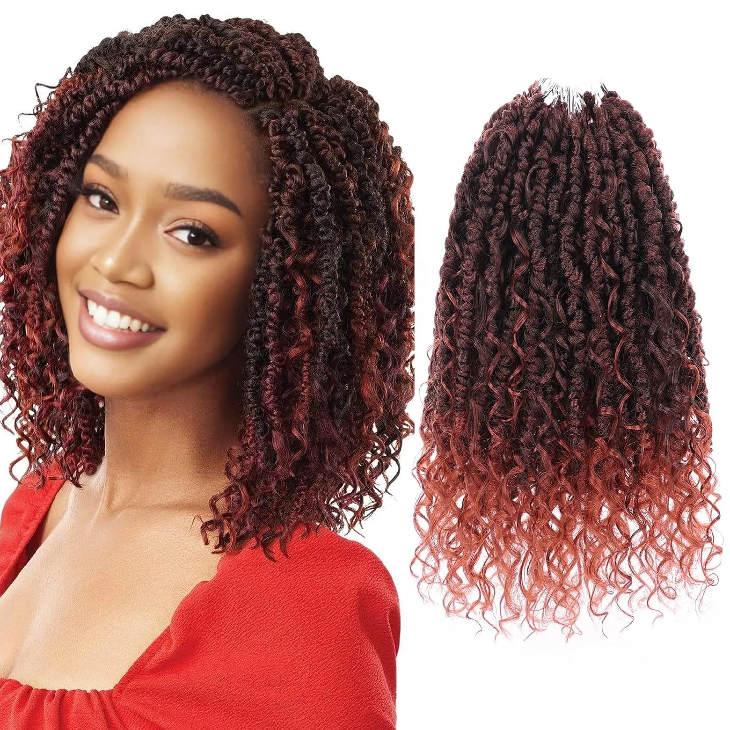 Leeven 8 Packs 10 Inch Goddess Passion Twist Crochet Hair Ombre Copper Red Boho Style Crochet Twist Ginger Pre Twisted Bomb Twist Curly Ends Pre Looped Bohemian Synthetic Braids for Women #T350