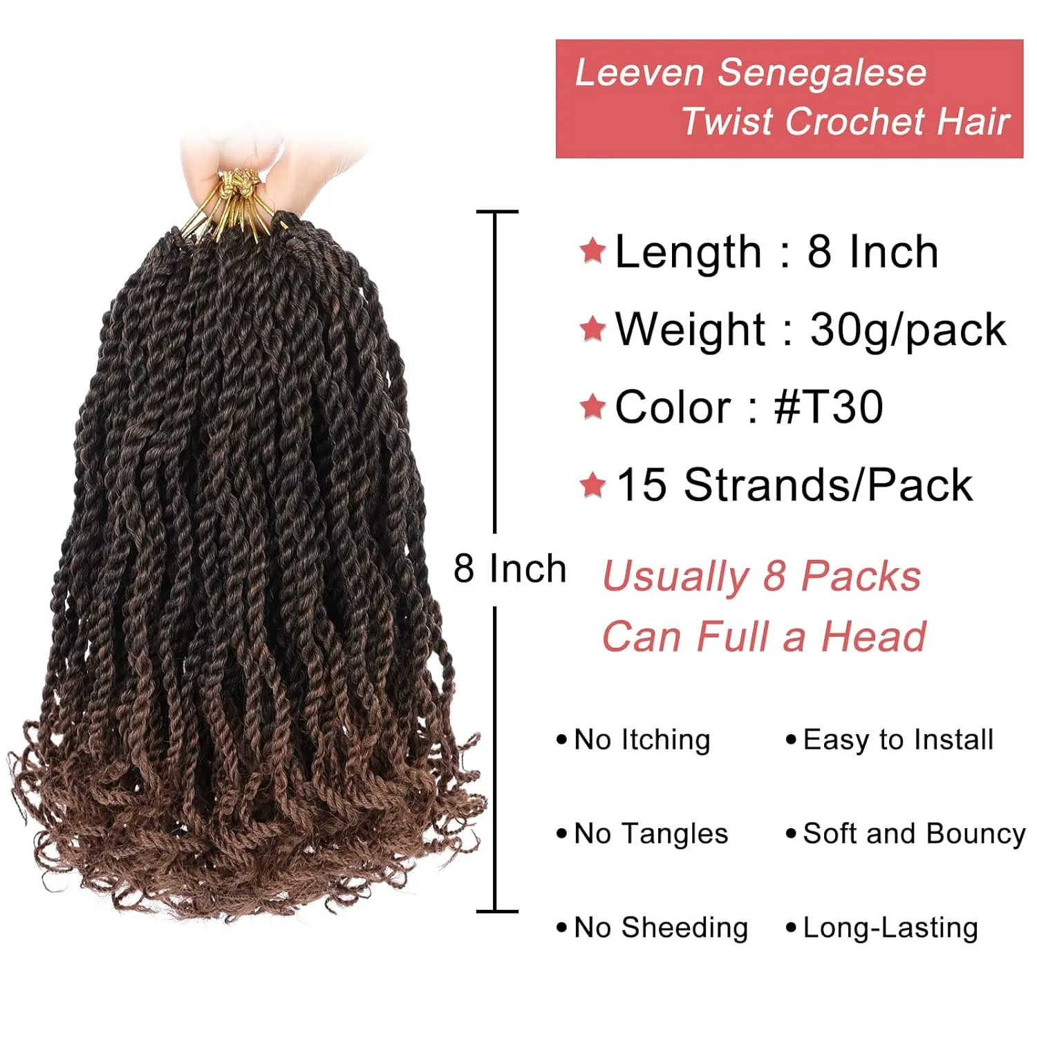 Leeven Crochet Hair 8 Inch Senegalese Twist 8 Packs Ombre Brown Pre Looped Short Crochet Braids Wavy Small Havana Twist with Curly Ends Synthetic Braiding Hair for Women