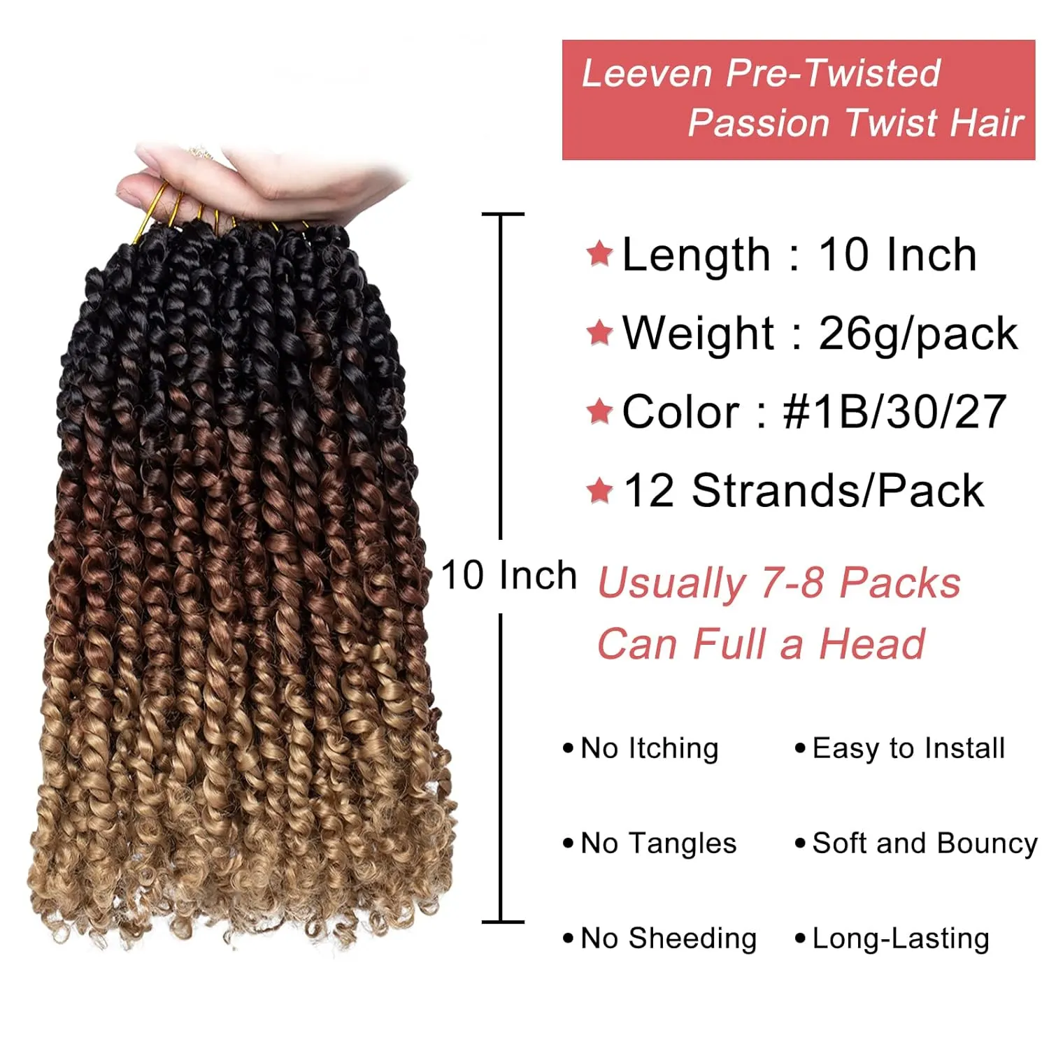 Leeven Pre Twisted Passion Twist Crochet Hair 10 Inch 8 Packs Pre Looped Ombre Blonde Bomb Twists 3 Tone Short Curly Bohemian Synthetic Braiding Hair for Black Women 12 Strands/Pack #1B/30/27