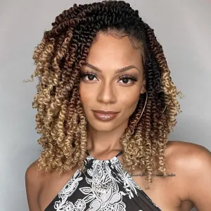 Leeven Pre Twisted Passion Twist Crochet Hair 10 Inch 8 Packs Pre Looped Ombre Blonde Bomb Twists 3 Tone Short Curly Bohemian Synthetic Braiding Hair for Black Women 12 Strands/Pack #1B/30/27