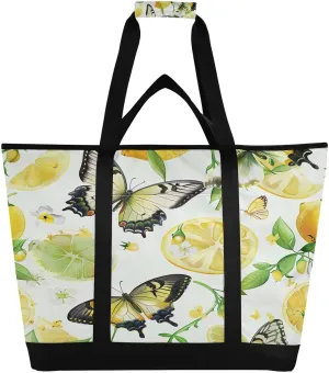 Lemon Butterfly Reusable Insulated Lunchbox Cooler Bag, Leakproof Kitchen Grocery Bag Collapsible Portable Cooler Tote Bag for Picnic, Camping, Office, Travel