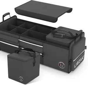 LIBZAKI Oversize 4 in 1 Car Trunk Storage Organizer, Multi Compartment Collapsible Trunk Storage Box with Cooler Bag for Car Truck SUV-Black