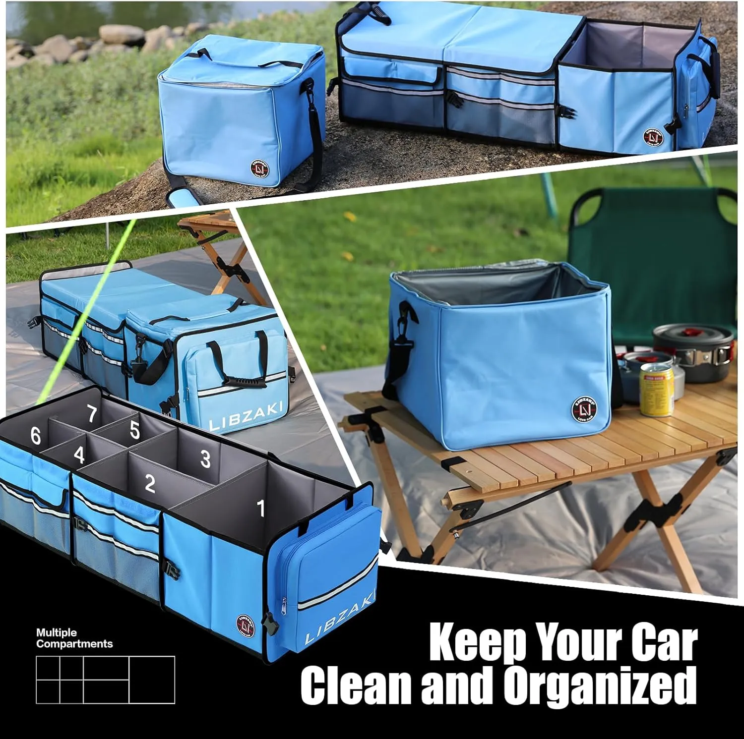 LIBZAKI Oversize 4 in 1 Car Trunk Storage Organizer, Multi Compartment Collapsible Trunk Storage Box with Cooler Bag for Car Truck SUV-Light Blue