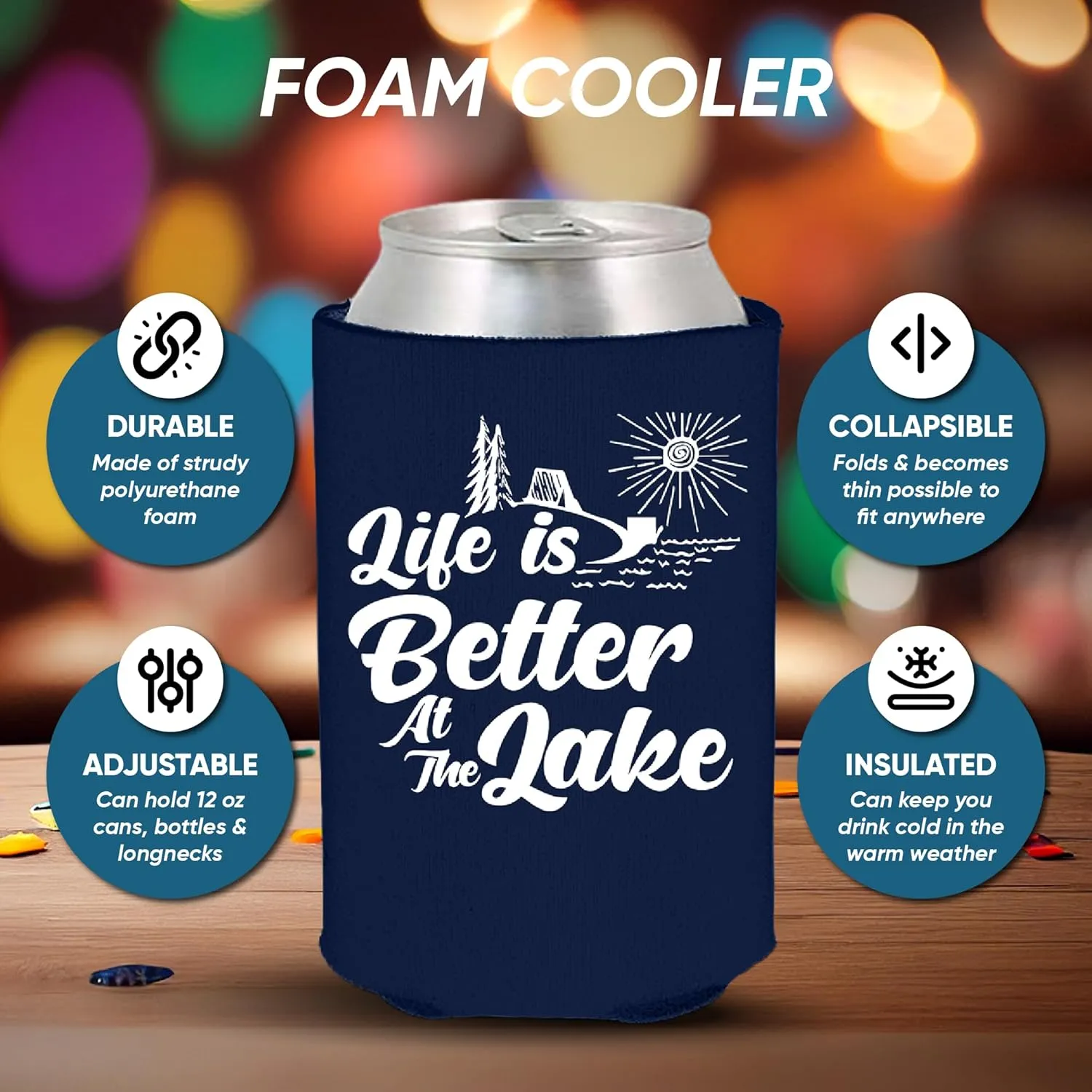 Life is Better At The Lake Can Coolie Can Sleeve Cooler Insulated Drink Coozies Soda Beer Hugger Coolies (Navy, 12 Pk)