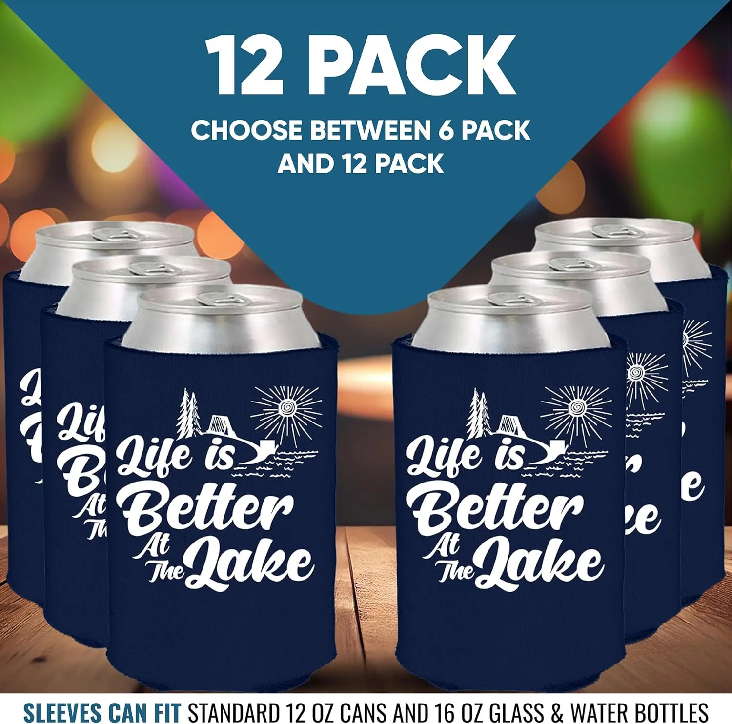 Life is Better At The Lake Can Coolie Can Sleeve Cooler Insulated Drink Coozies Soda Beer Hugger Coolies (Navy, 12 Pk)