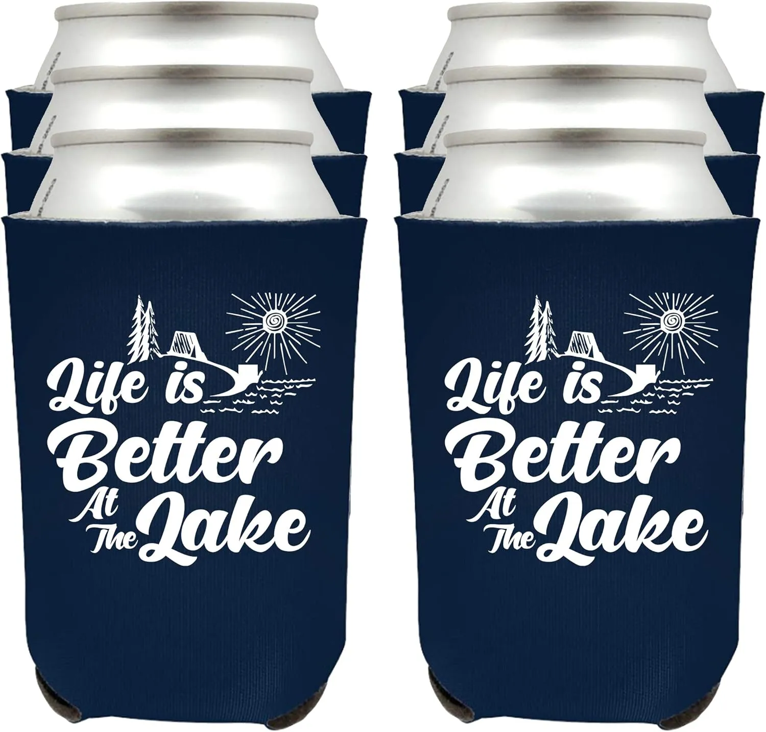 Life is Better At The Lake Can Coolie Can Sleeve Cooler Insulated Drink Coozies Soda Beer Hugger Coolies (Navy, 12 Pk)