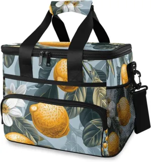 Light Blue Lemon Flower Cooler Bag Insulated Cooler Soft Sided Cooler 24 Can Portable Picnic Bag Large Leakproof Lunch Bag Box for Beach Grocery Camping Travel Car Men Women
