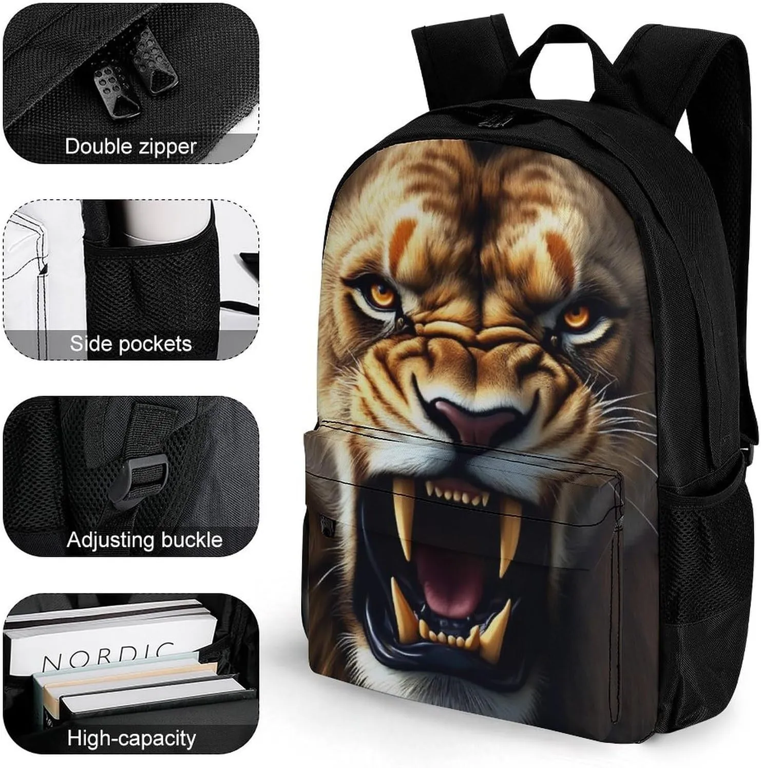 Lightweight Rucksack for Sports Travel Running - Big Capacity Multipurpose Anti-Theft Bookbag, Angry Lion Travel and Sport Backpack Rucksack
