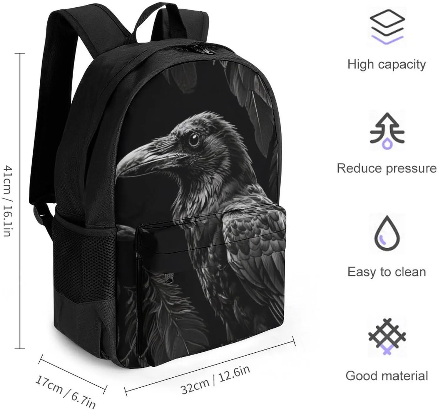 Lightweight Rucksack for Sports Travel Running - Big Capacity Multipurpose Anti-Theft Bookbag, Black Crow Raven Bird Art Travel and Sport Backpack Rucksack