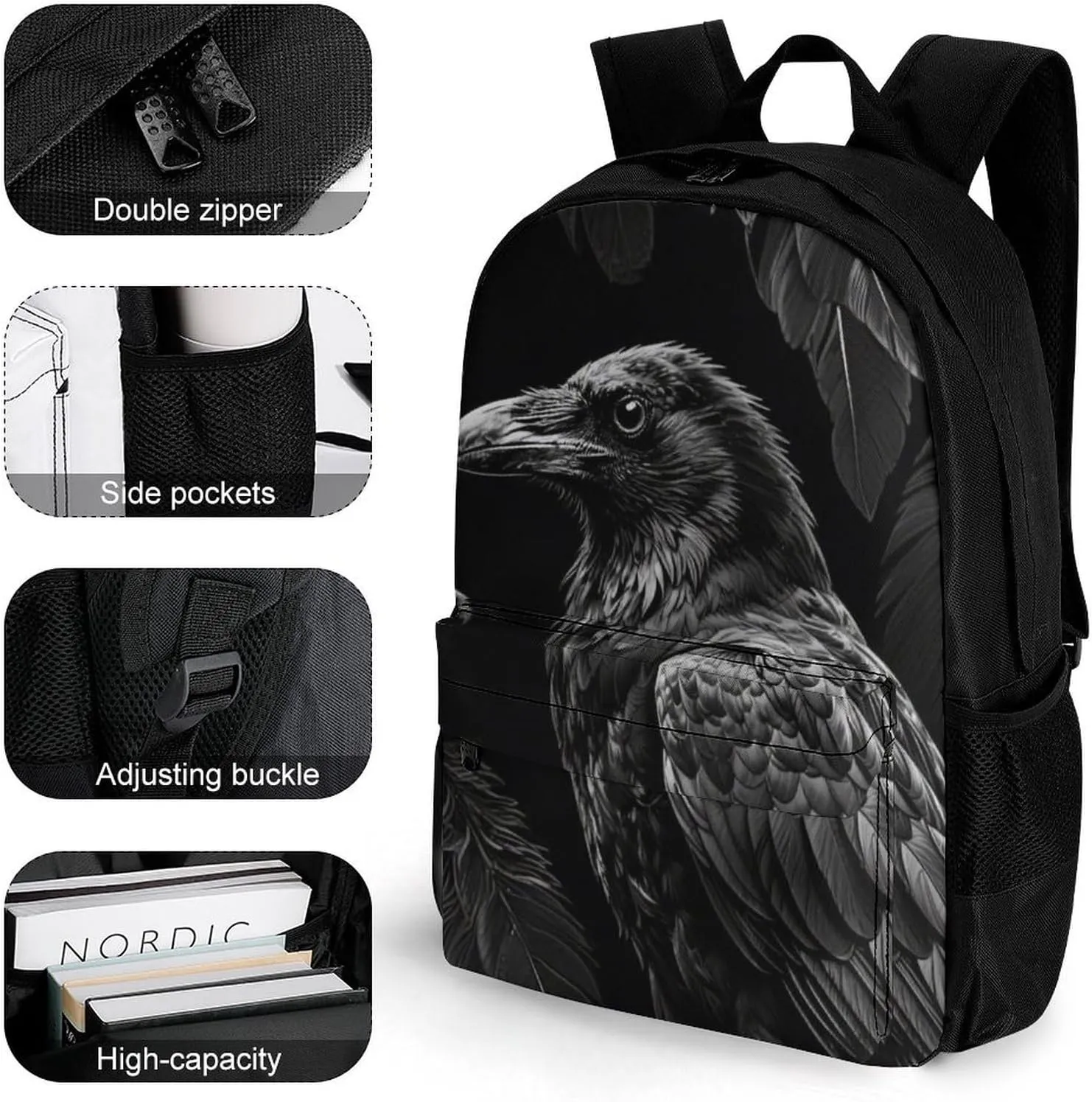 Lightweight Rucksack for Sports Travel Running - Big Capacity Multipurpose Anti-Theft Bookbag, Black Crow Raven Bird Art Travel and Sport Backpack Rucksack