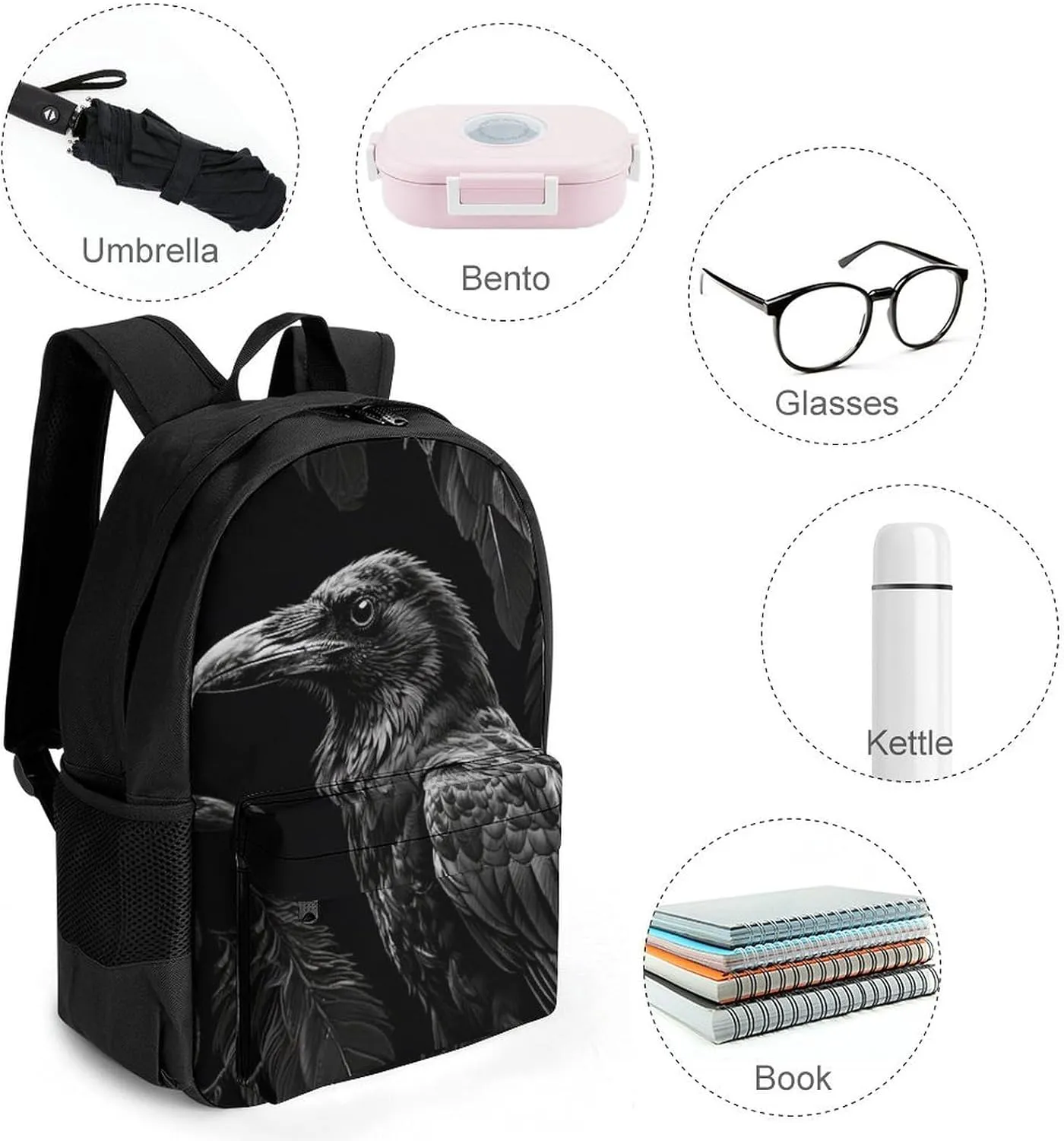 Lightweight Rucksack for Sports Travel Running - Big Capacity Multipurpose Anti-Theft Bookbag, Black Crow Raven Bird Art Travel and Sport Backpack Rucksack