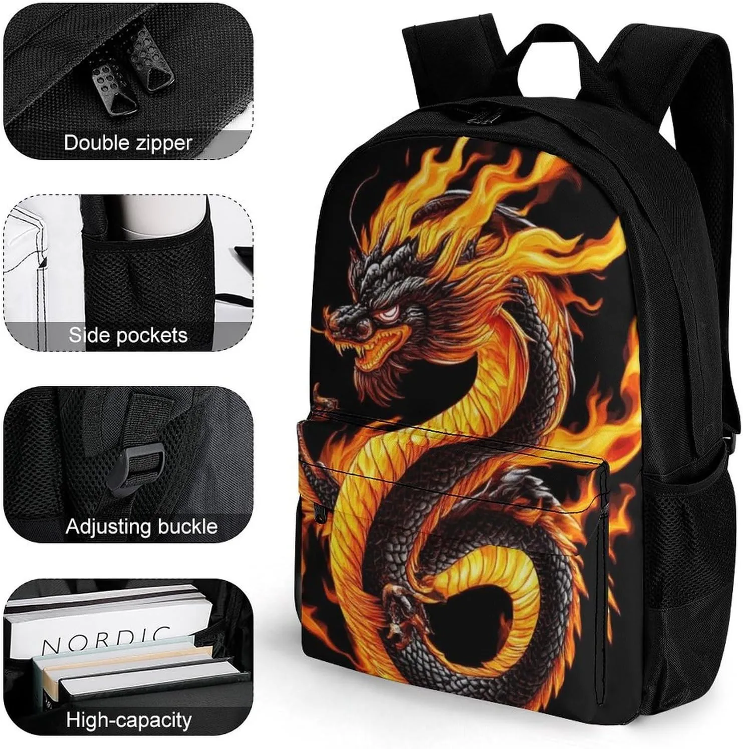 Lightweight Rucksack for Sports Travel Running - Big Capacity Multipurpose Anti-Theft Bookbag, Burning Flaming Fire Chinese Dragon Travel and Sport Backpack Rucksack