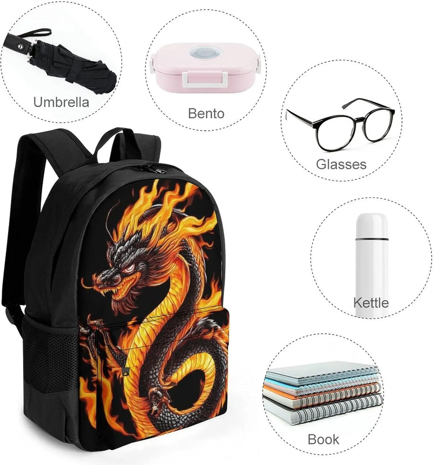 Lightweight Rucksack for Sports Travel Running - Big Capacity Multipurpose Anti-Theft Bookbag, Burning Flaming Fire Chinese Dragon Travel and Sport Backpack Rucksack