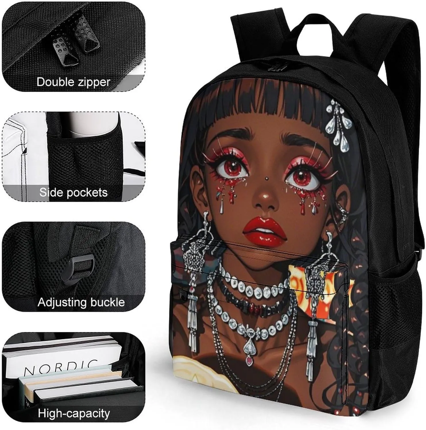 Lightweight Rucksack for Sports Travel Running - Big Capacity Multipurpose Anti-Theft Bookbag, Cool African American Woman Bold And Colorful Art Travel and Sport Backpack Rucksack