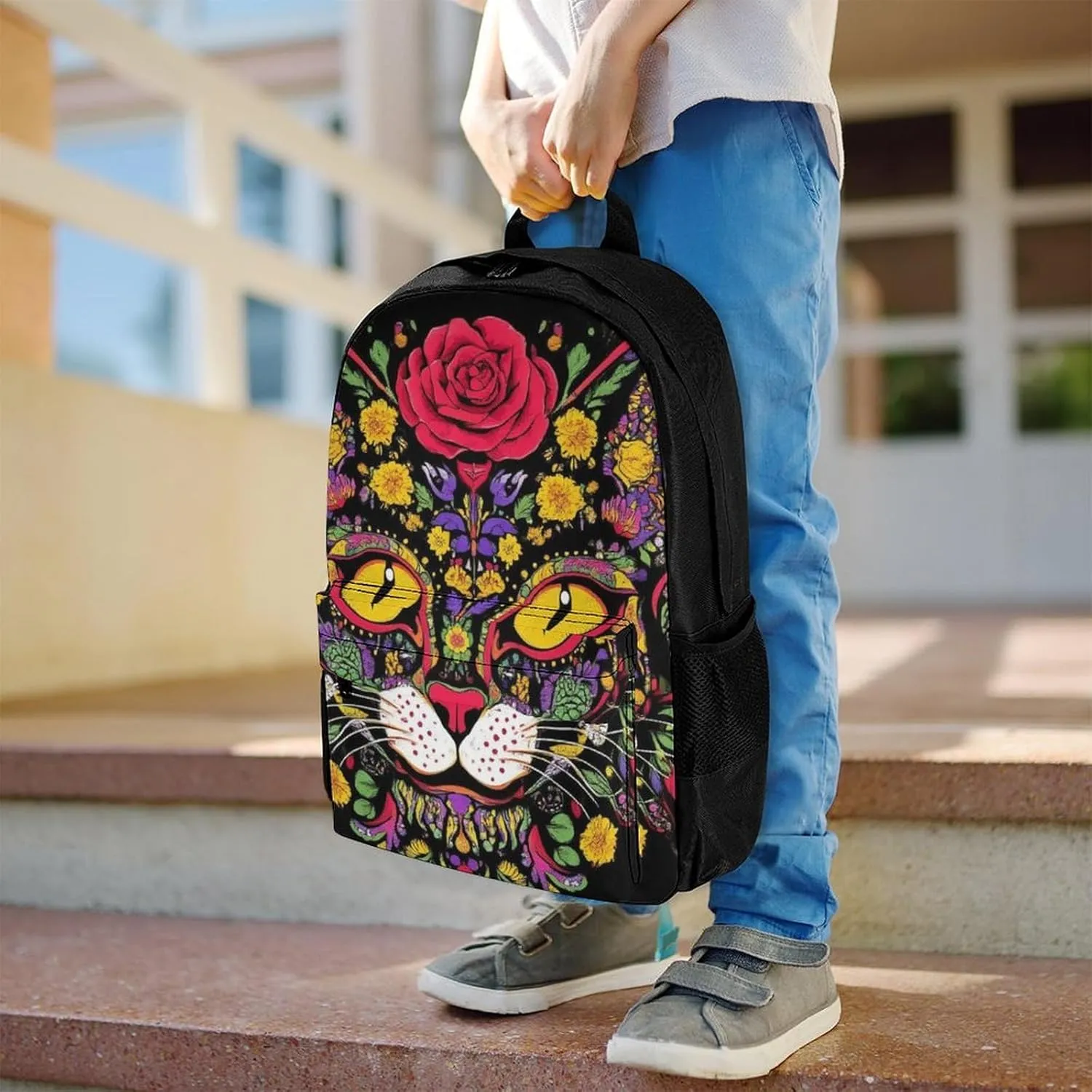 Lightweight Rucksacks for Camping Picnic Walking Cycling - Large Capacity Multipurpose Anti-Theft Carry On Bag, Day Of The Dead Kitty Cat Sugar Skull Travel Hiking & Camping Rucksack