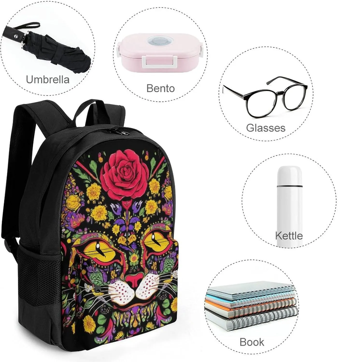 Lightweight Rucksacks for Camping Picnic Walking Cycling - Large Capacity Multipurpose Anti-Theft Carry On Bag, Day Of The Dead Kitty Cat Sugar Skull Travel Hiking & Camping Rucksack
