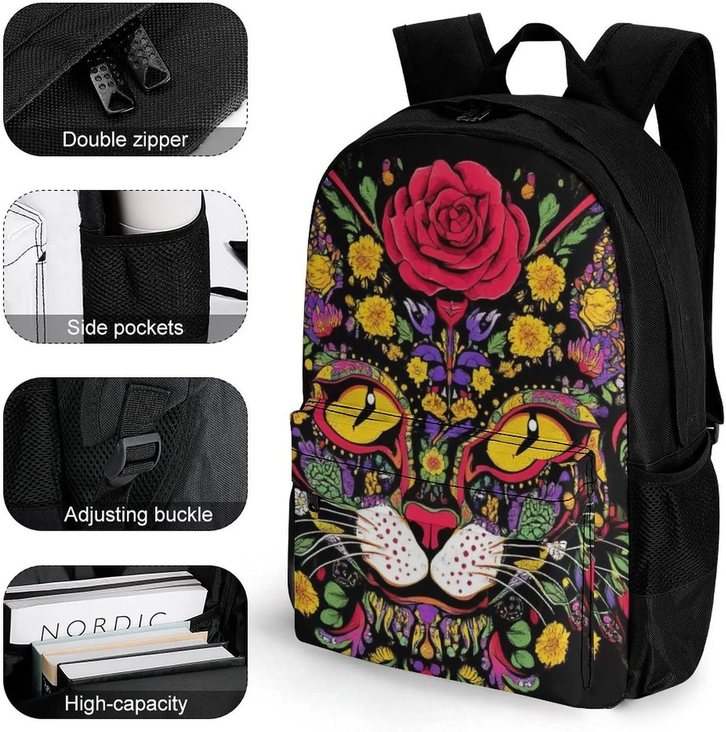 Lightweight Rucksacks for Camping Picnic Walking Cycling - Large Capacity Multipurpose Anti-Theft Carry On Bag, Day Of The Dead Kitty Cat Sugar Skull Travel Hiking & Camping Rucksack