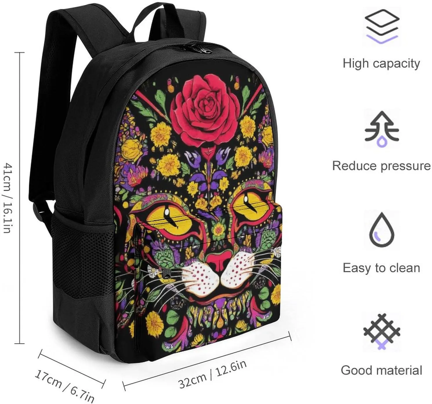 Lightweight Rucksacks for Camping Picnic Walking Cycling - Large Capacity Multipurpose Anti-Theft Carry On Bag, Day Of The Dead Kitty Cat Sugar Skull Travel Hiking & Camping Rucksack