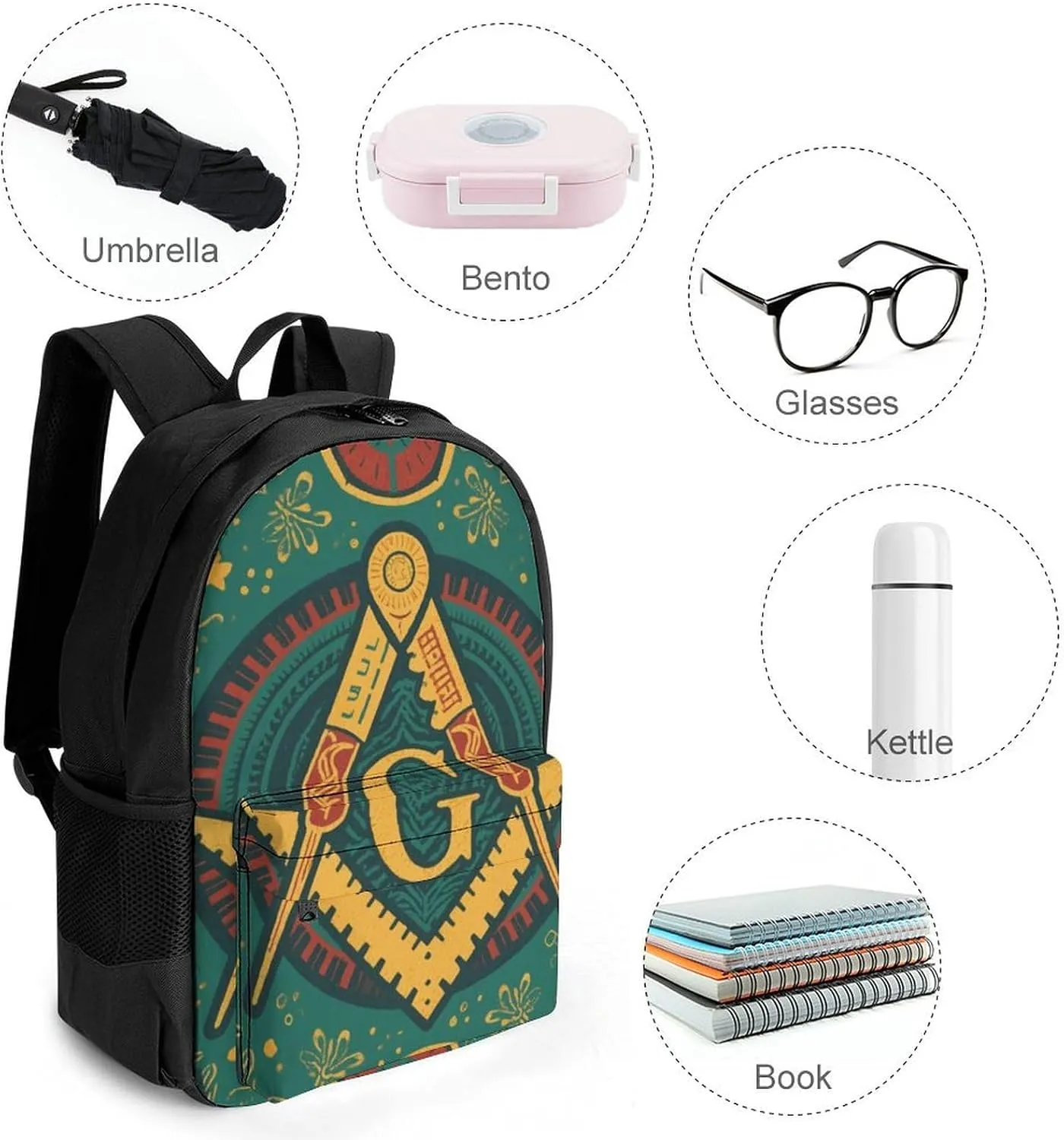 Lightweight Rucksacks for Camping Picnic Walking Cycling - Large Capacity Multipurpose Anti-Theft Carry On Bag, Gold Freemason Freemasonry Masonic Art Travel Hiking & Camping Rucksack