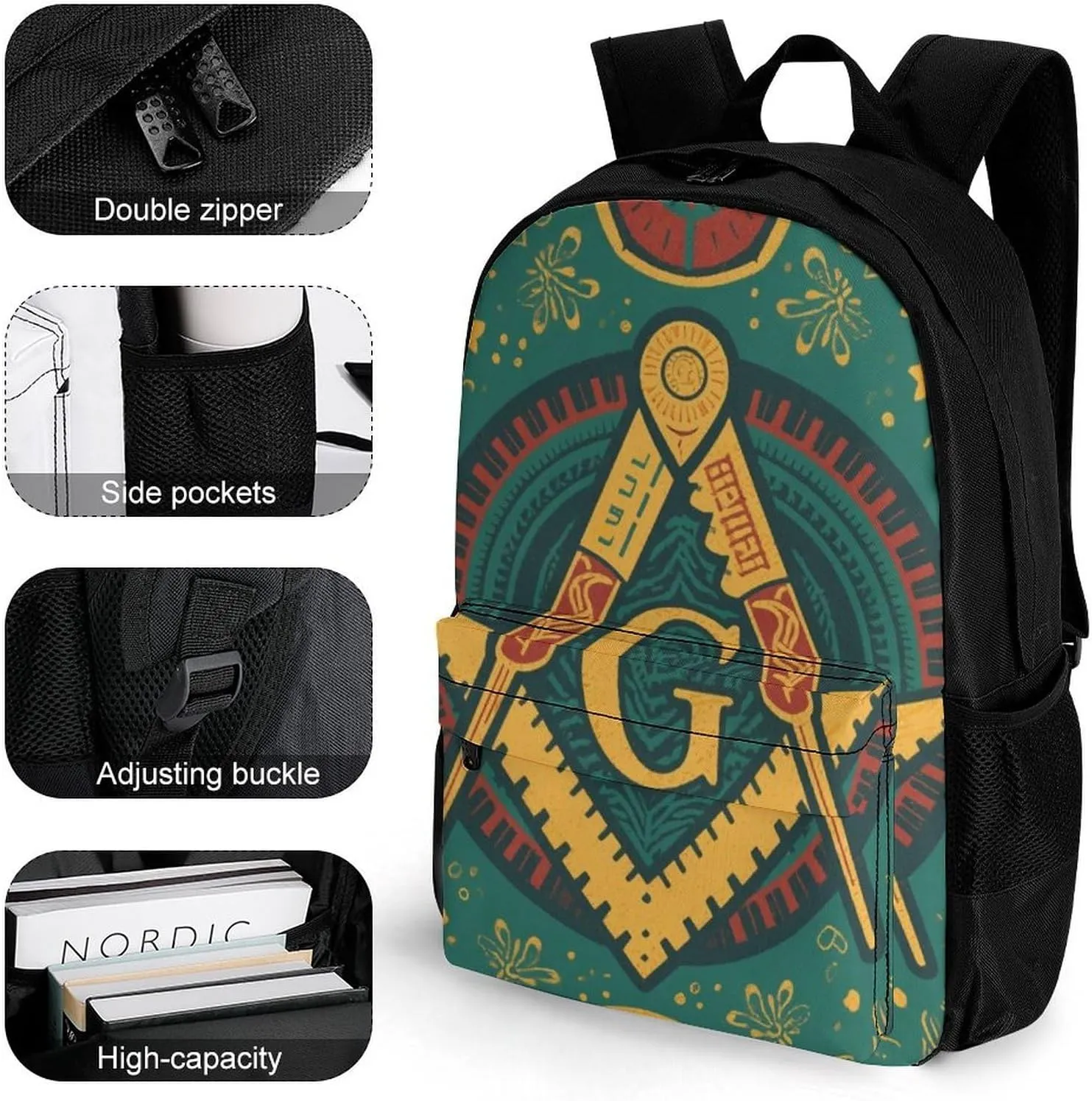 Lightweight Rucksacks for Camping Picnic Walking Cycling - Large Capacity Multipurpose Anti-Theft Carry On Bag, Gold Freemason Freemasonry Masonic Art Travel Hiking & Camping Rucksack