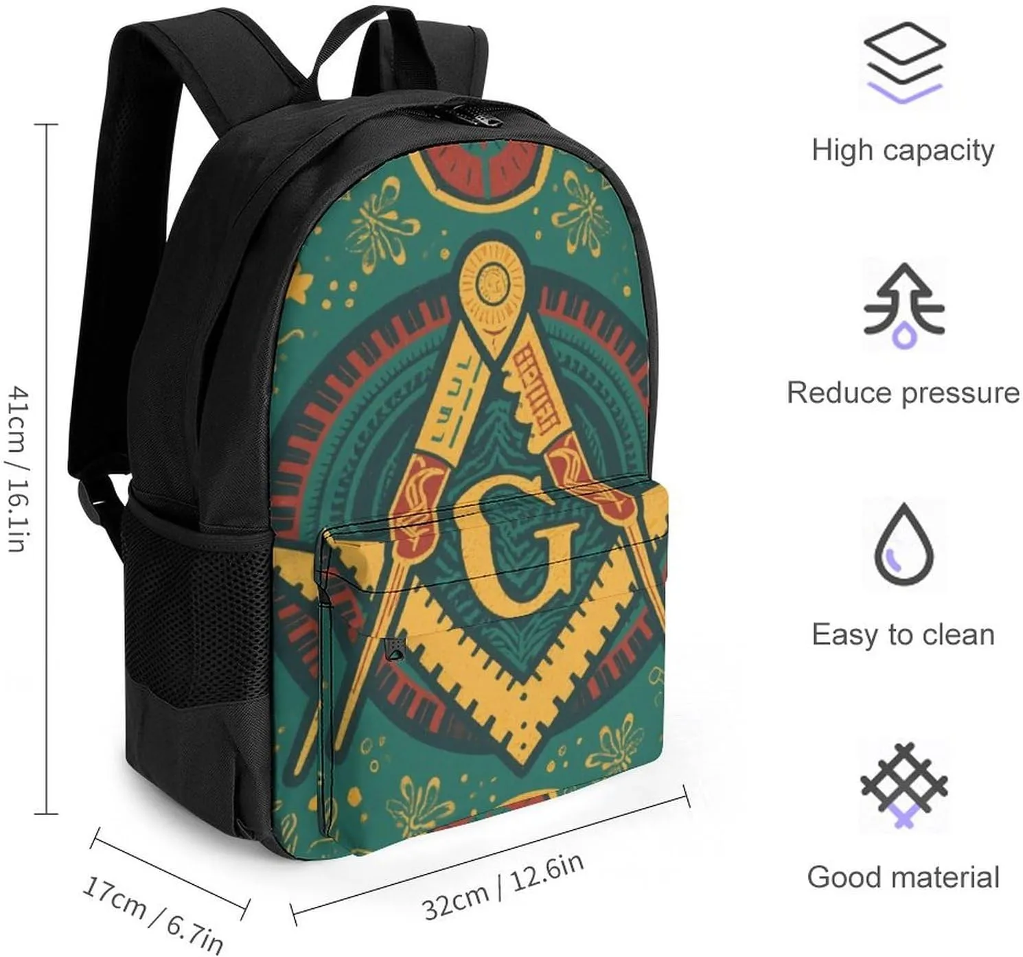 Lightweight Rucksacks for Camping Picnic Walking Cycling - Large Capacity Multipurpose Anti-Theft Carry On Bag, Gold Freemason Freemasonry Masonic Art Travel Hiking & Camping Rucksack