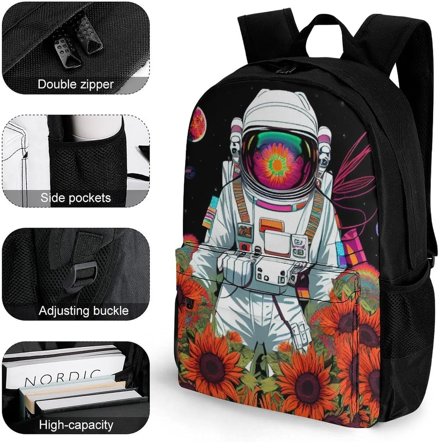 Lightweight Rucksacks for Camping Picnic Walking Cycling - Large Capacity Multipurpose Anti-Theft Carry On Bag, Psychedelic Space Astronaut Sunflower Snake Art Travel Hiking & Camping Rucksack