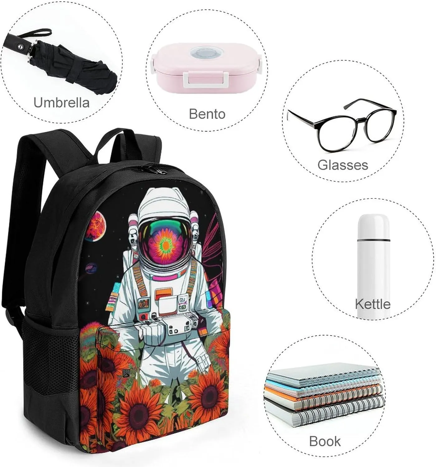 Lightweight Rucksacks for Camping Picnic Walking Cycling - Large Capacity Multipurpose Anti-Theft Carry On Bag, Psychedelic Space Astronaut Sunflower Snake Art Travel Hiking & Camping Rucksack