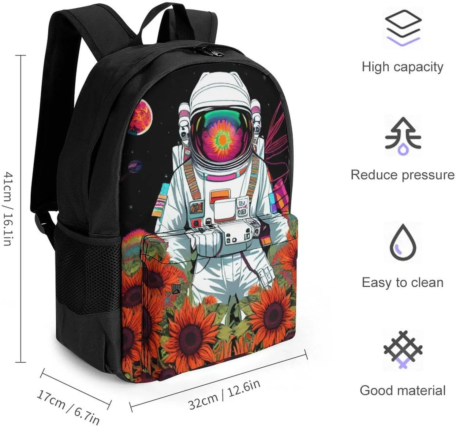 Lightweight Rucksacks for Camping Picnic Walking Cycling - Large Capacity Multipurpose Anti-Theft Carry On Bag, Psychedelic Space Astronaut Sunflower Snake Art Travel Hiking & Camping Rucksack