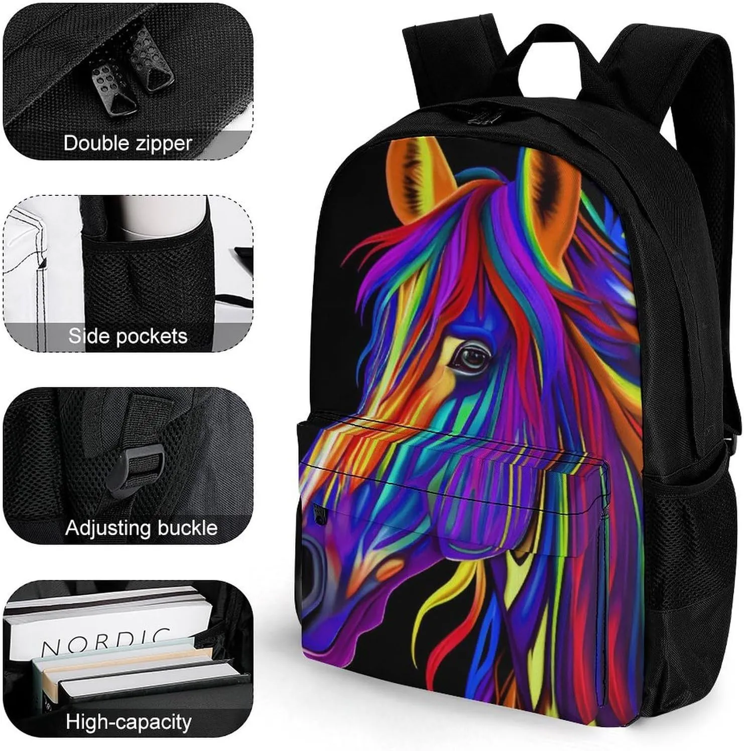 Lightweight Rucksacks for Camping Picnic Walking Cycling - Large Capacity Multipurpose Anti-Theft Carry On Bag, Rainbow Wild Horse Head Art Travel Hiking & Camping Rucksack