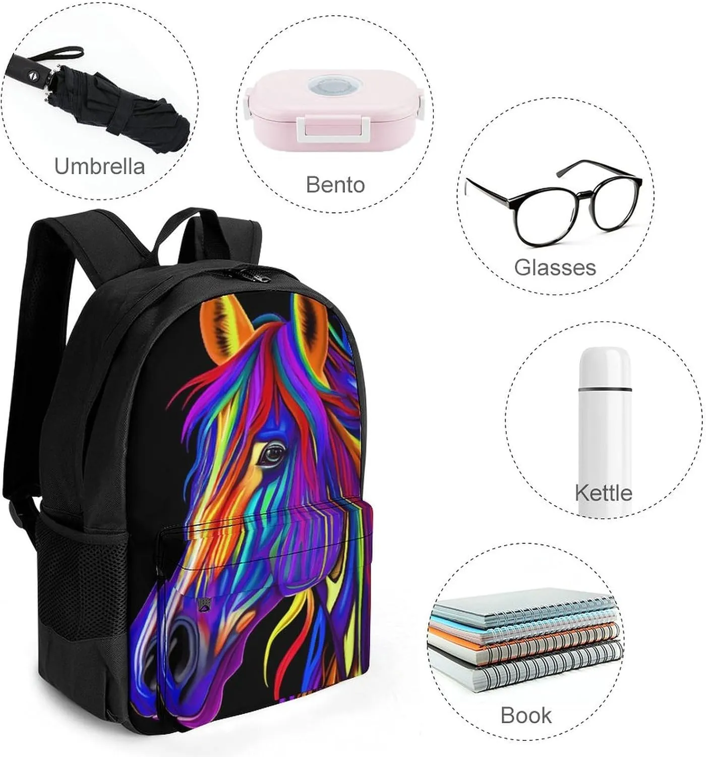 Lightweight Rucksacks for Camping Picnic Walking Cycling - Large Capacity Multipurpose Anti-Theft Carry On Bag, Rainbow Wild Horse Head Art Travel Hiking & Camping Rucksack