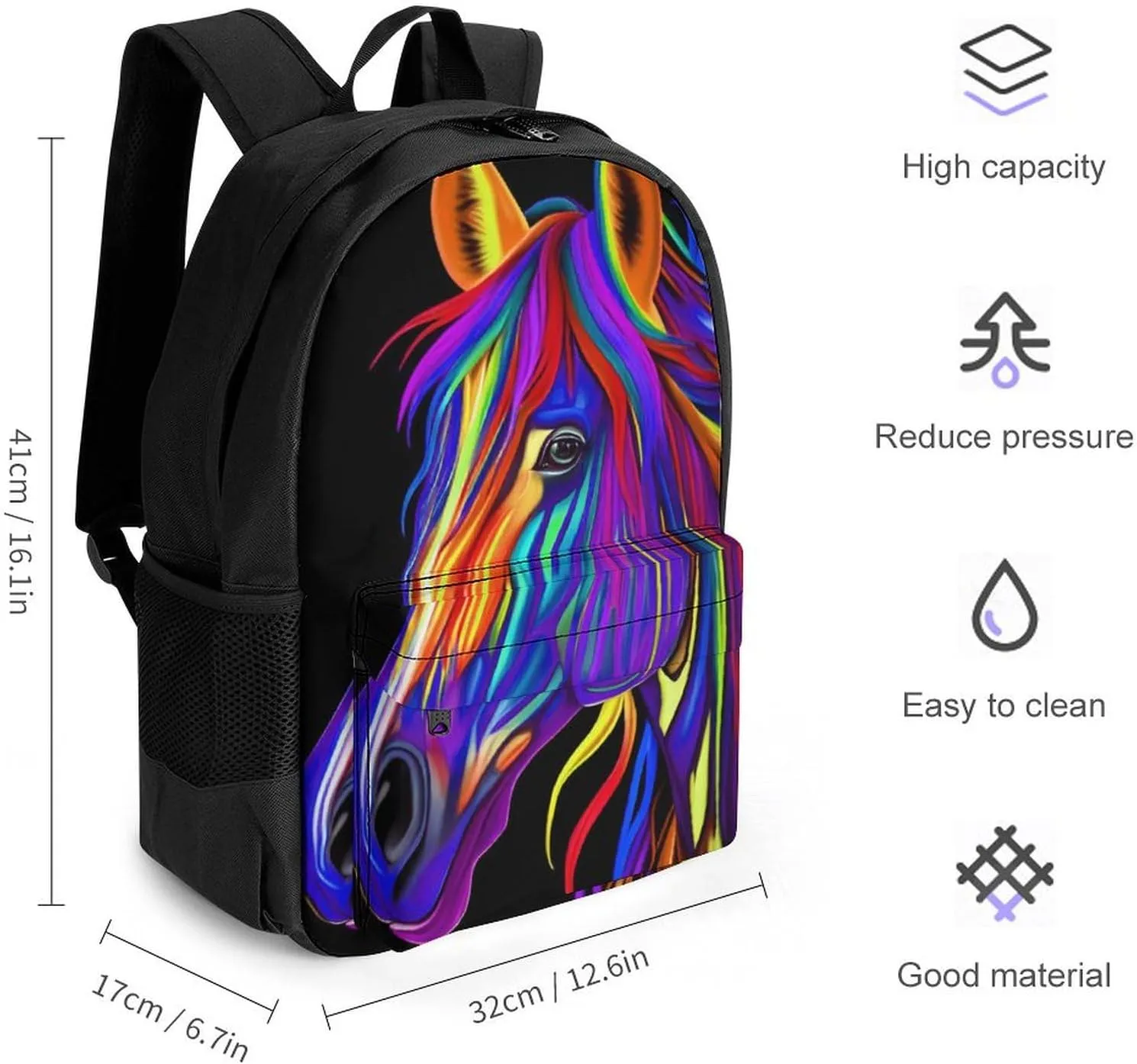 Lightweight Rucksacks for Camping Picnic Walking Cycling - Large Capacity Multipurpose Anti-Theft Carry On Bag, Rainbow Wild Horse Head Art Travel Hiking & Camping Rucksack