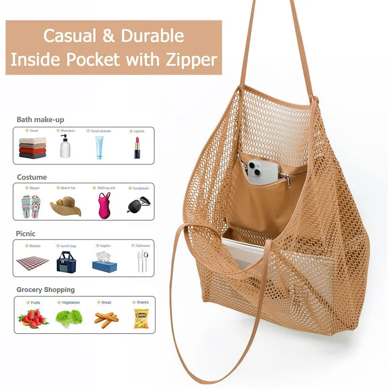 Lightweight Single-Shoulder Mesh Beach Bag, Crossbody Storage Pouch S-240201-29