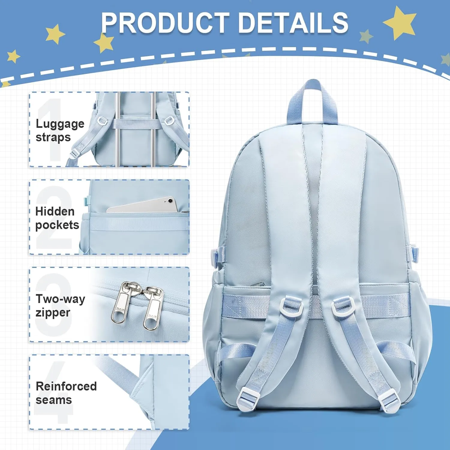 Lightweight Waterproof Backpack for Women Men Large Capacity College School Bag with Luggage Straps Multiple Pockets Durable High School Bookbag, Casual Daypacks for Students Girls Boys(Blue)