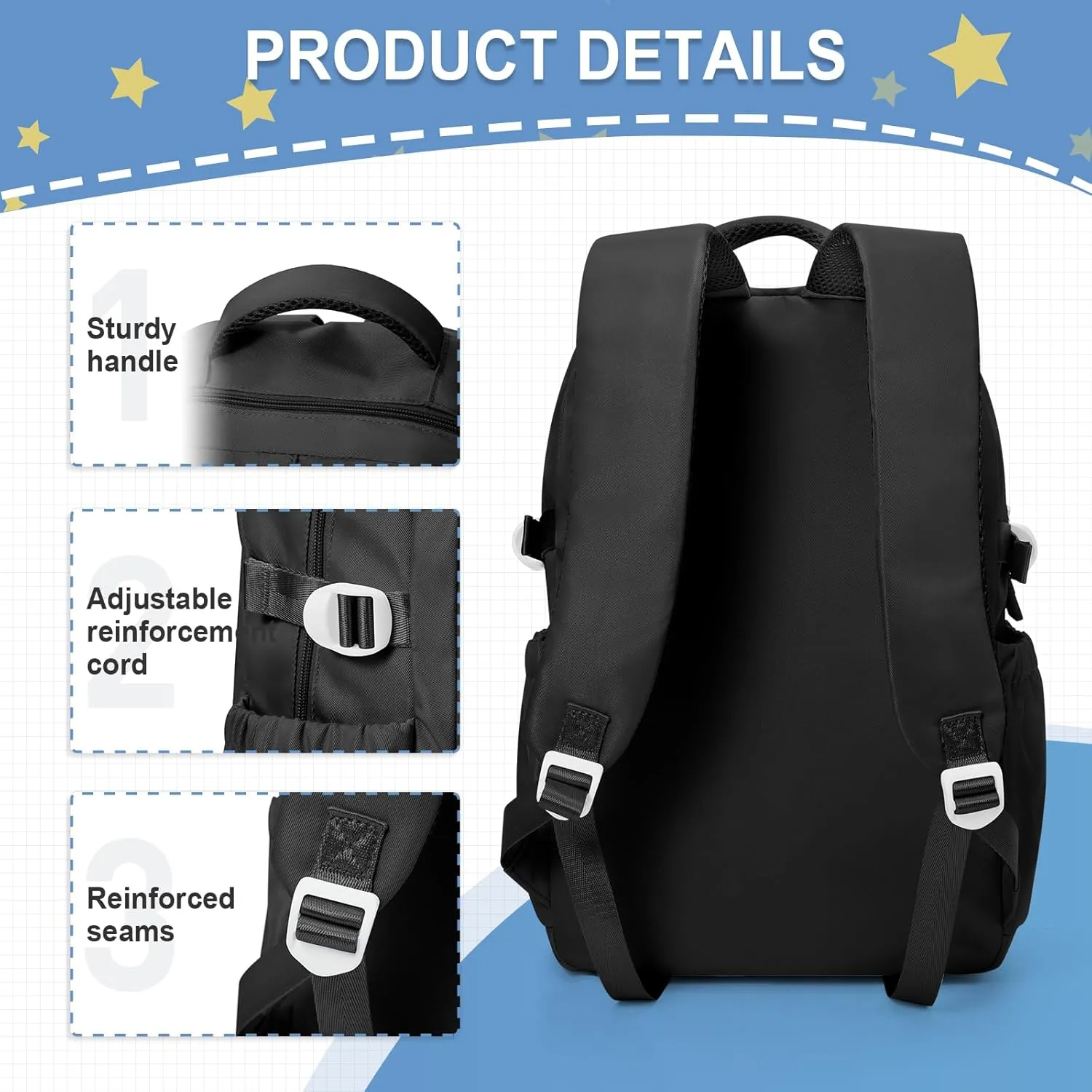 Lightweight Waterproof College Black Backpack for Women Men Large Capacity School Bag with Luggage Straps Durable High School Bookbag for Students, Girls Boys Casual Daypacks with Lots of Pockets
