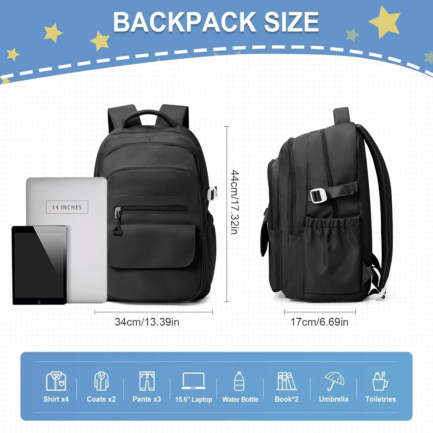 Lightweight Waterproof College Black Backpack for Women Men Large Capacity School Bag with Luggage Straps Durable High School Bookbag for Students, Girls Boys Casual Daypacks with Lots of Pockets