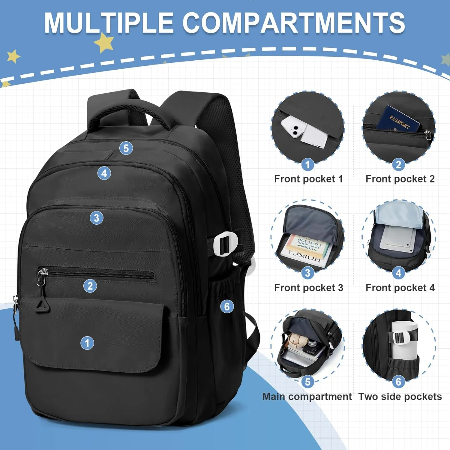 Lightweight Waterproof College Black Backpack for Women Men Large Capacity School Bag with Luggage Straps Durable High School Bookbag for Students, Girls Boys Casual Daypacks with Lots of Pockets