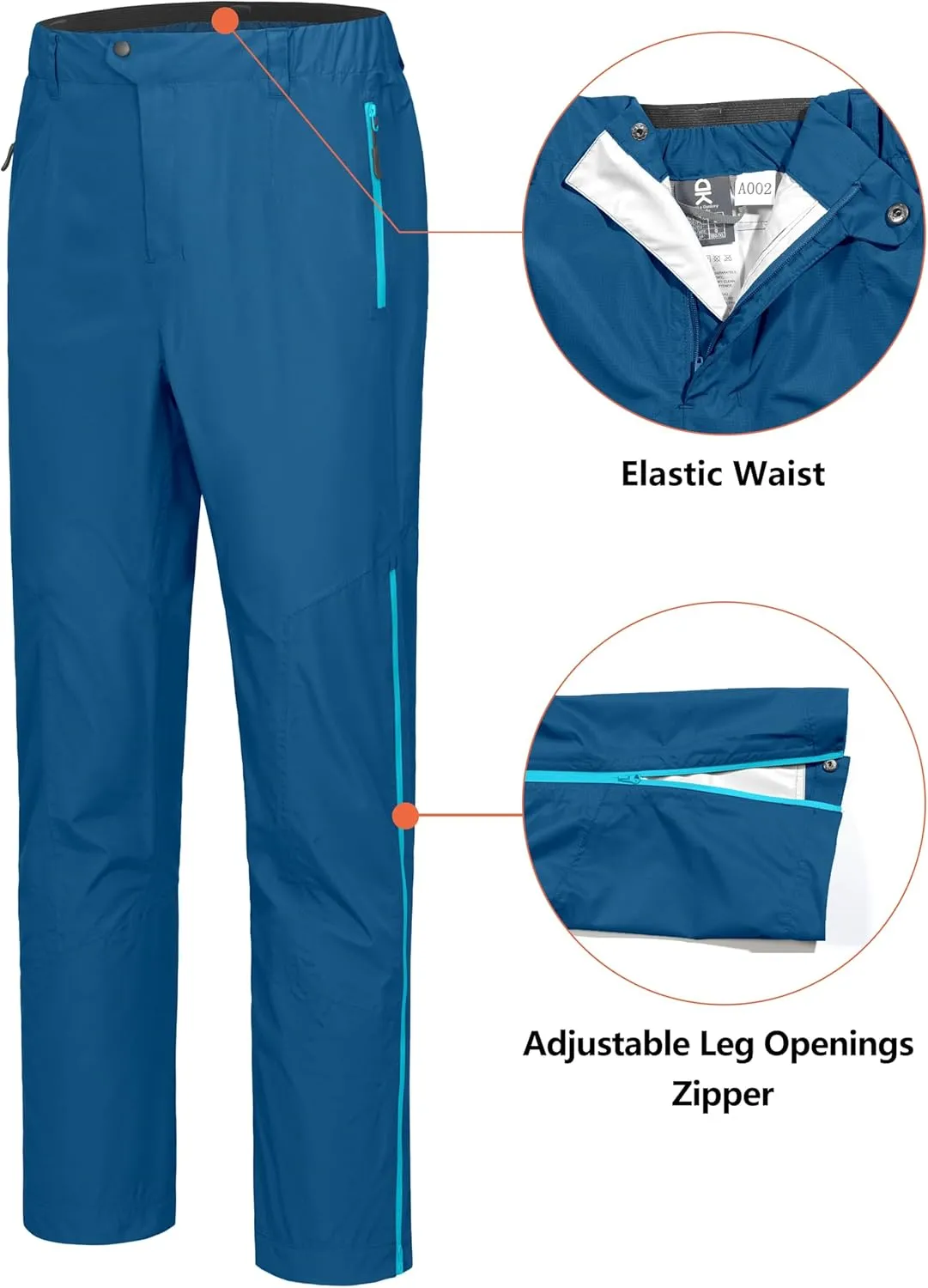 Little Donkey Andy Men's Rain Pants Waterproof Lightweight Overpants Windproof Outdoor Pants for Hiking, Golf, Fishing