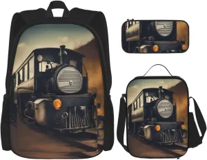 locomotive print Pocket backpack Crossbody lunch bag pen bag set 3-in-1 Makeup bag Outdoor travel