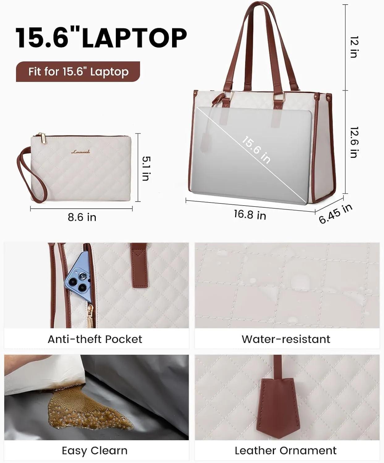 LOVEVOOK Lunch Tote Bag for Women, 15.6 Inch Laptop Bag with Insulated Lunch Compartment, Quilted Large Capacity Computer Handbag with Purse for Business, Work, Collage, Office, Casual, Beige-brown
