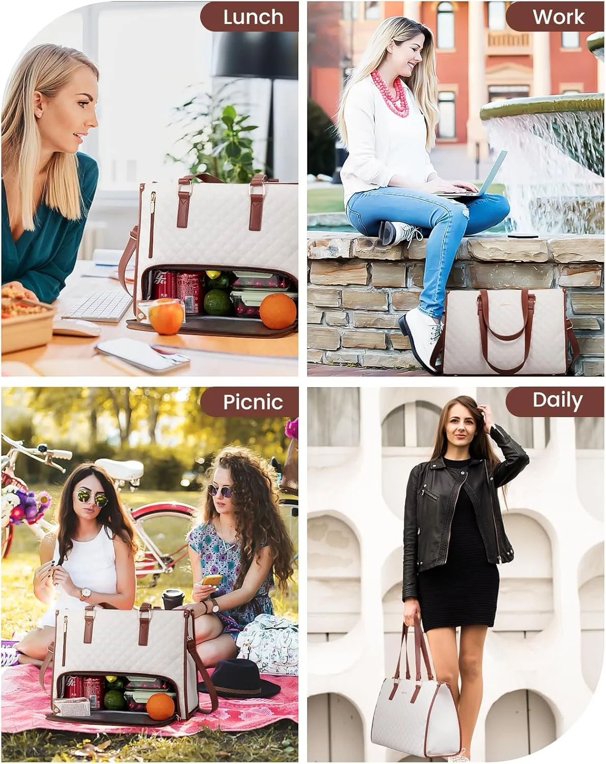 LOVEVOOK Lunch Tote Bag for Women, 15.6 Inch Laptop Bag with Insulated Lunch Compartment, Quilted Large Capacity Computer Handbag with Purse for Business, Work, Collage, Office, Casual, Beige-brown