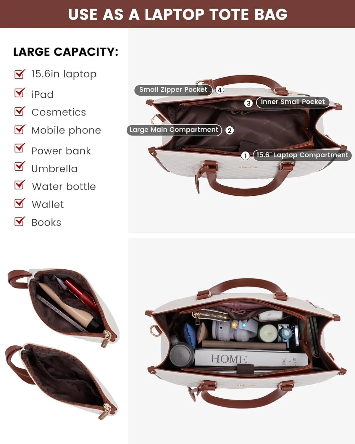 LOVEVOOK Lunch Tote Bag for Women, 15.6 Inch Laptop Bag with Insulated Lunch Compartment, Quilted Large Capacity Computer Handbag with Purse for Business, Work, Collage, Office, Casual, Beige-brown
