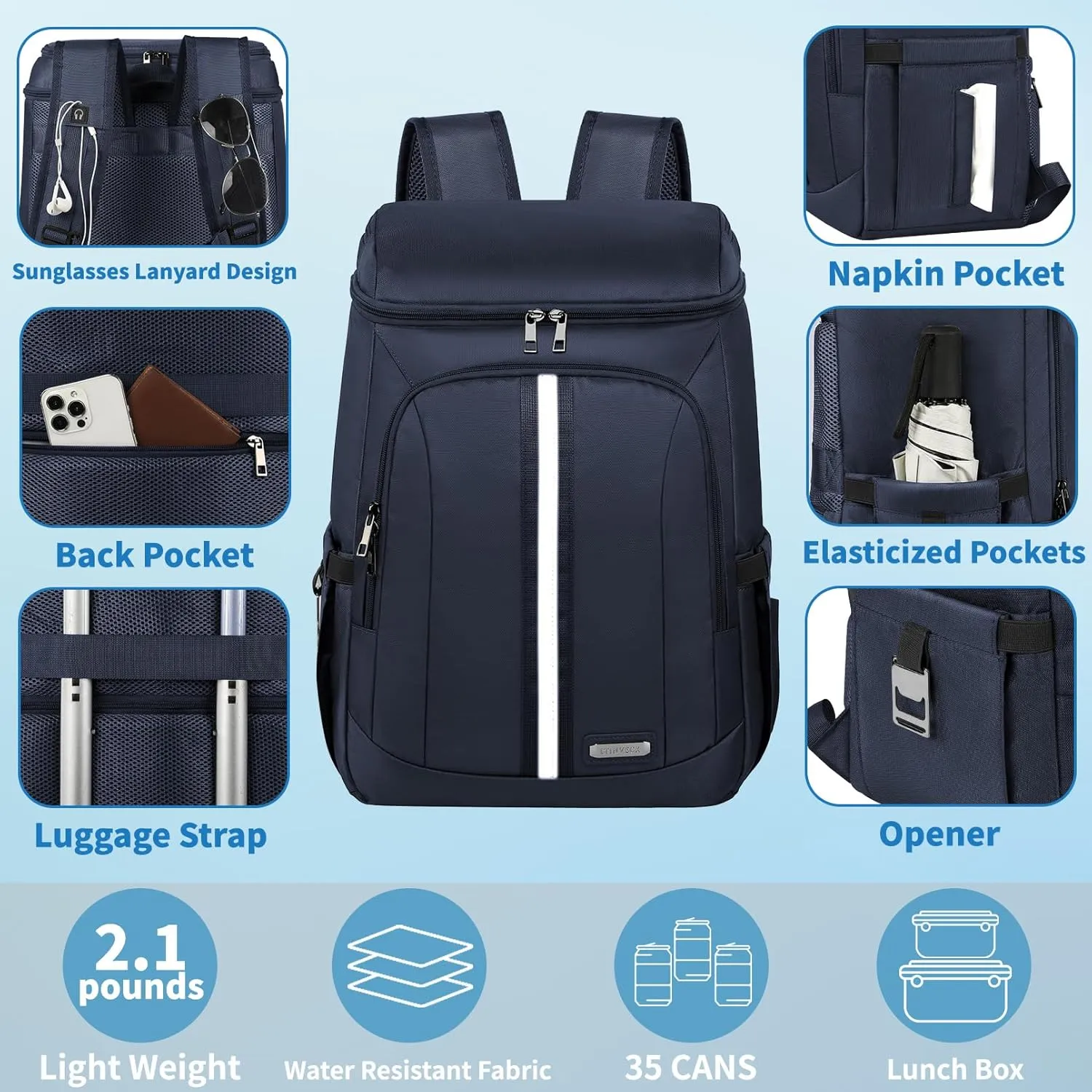 LTINVECK Cooler Backpack for Women Men,Insulated Backpack Cooler Leakproof Double Deck Work Lunchboxes Cooler Bag,Hot and Cold Thermal Backpack with Reflective Stripes