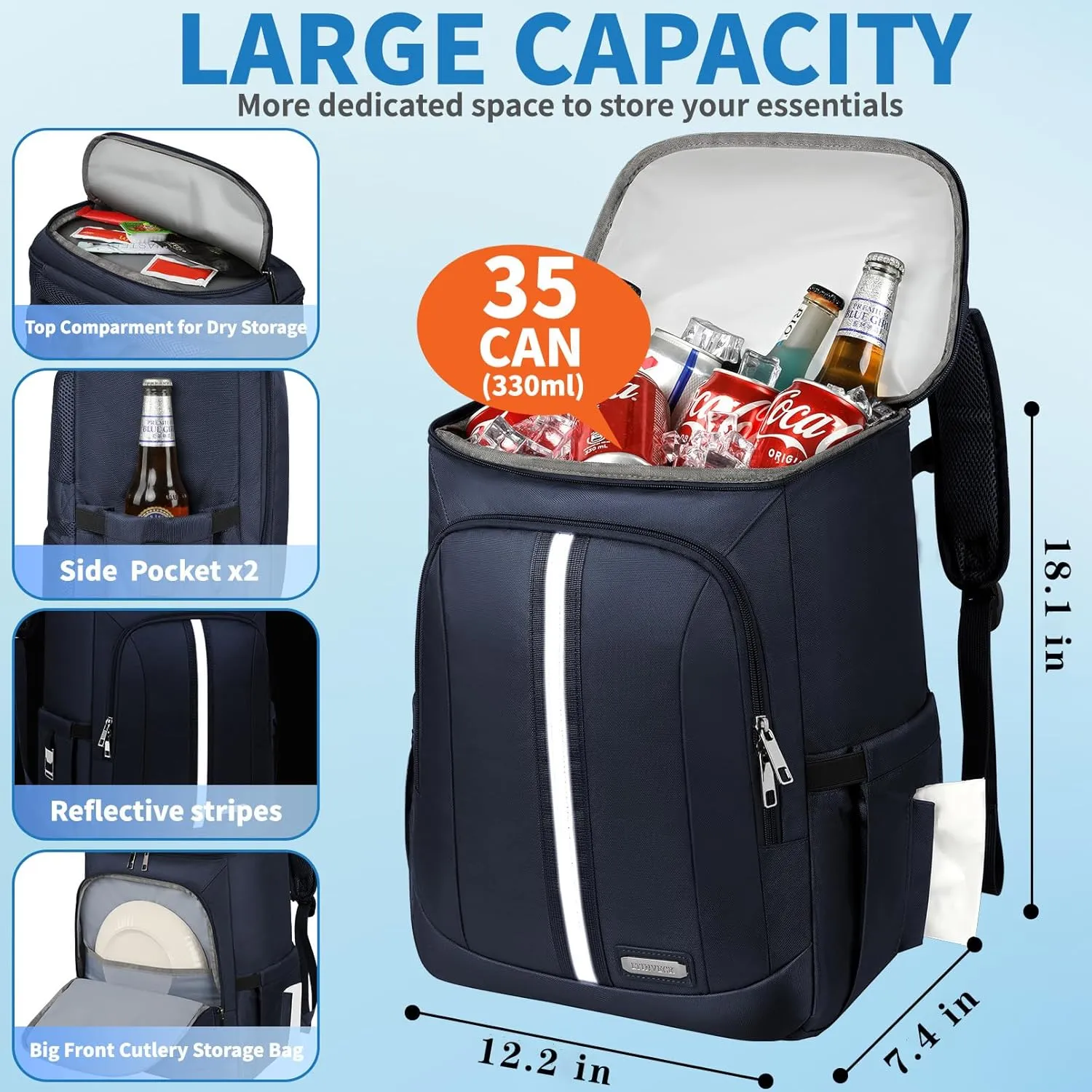 LTINVECK Cooler Backpack for Women Men,Insulated Backpack Cooler Leakproof Double Deck Work Lunchboxes Cooler Bag,Hot and Cold Thermal Backpack with Reflective Stripes