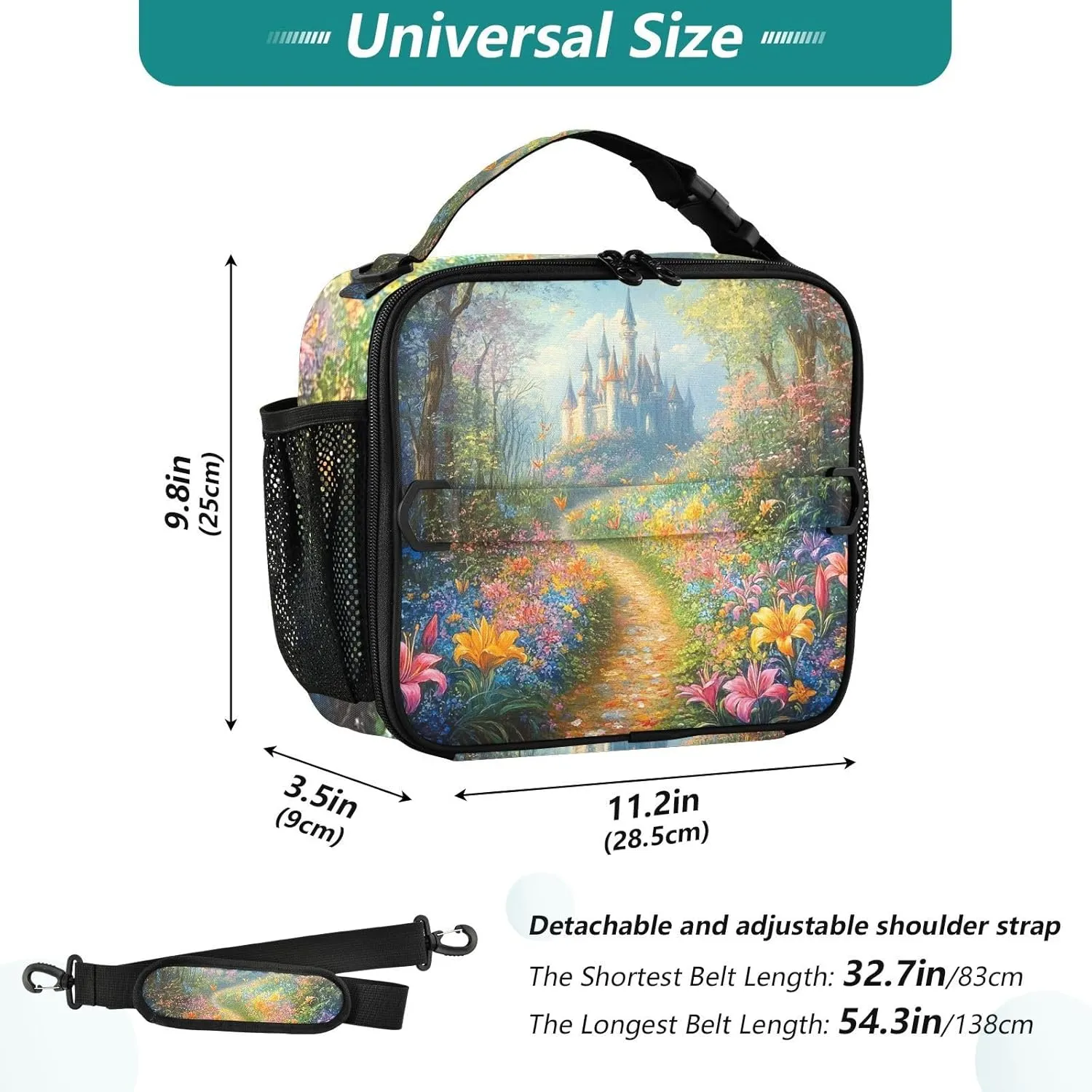 Lunch Bag Lunch Box for Women Men Insulated Cooler Bag Reusable Lunch Box Tote Bag with Strap for Work Picnic Bright Lily Flowers Bush and Forest Castle