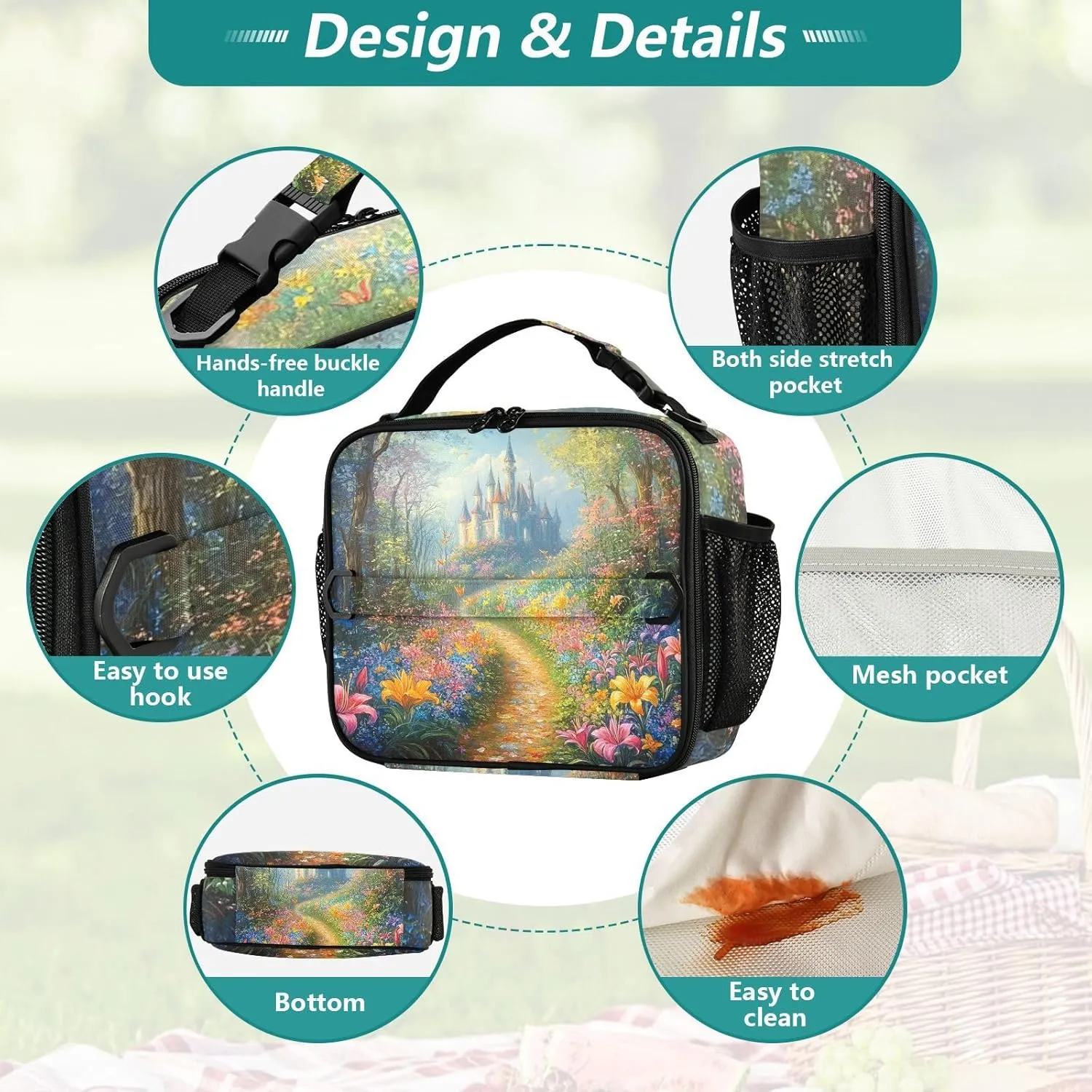 Lunch Bag Lunch Box for Women Men Insulated Cooler Bag Reusable Lunch Box Tote Bag with Strap for Work Picnic Bright Lily Flowers Bush and Forest Castle