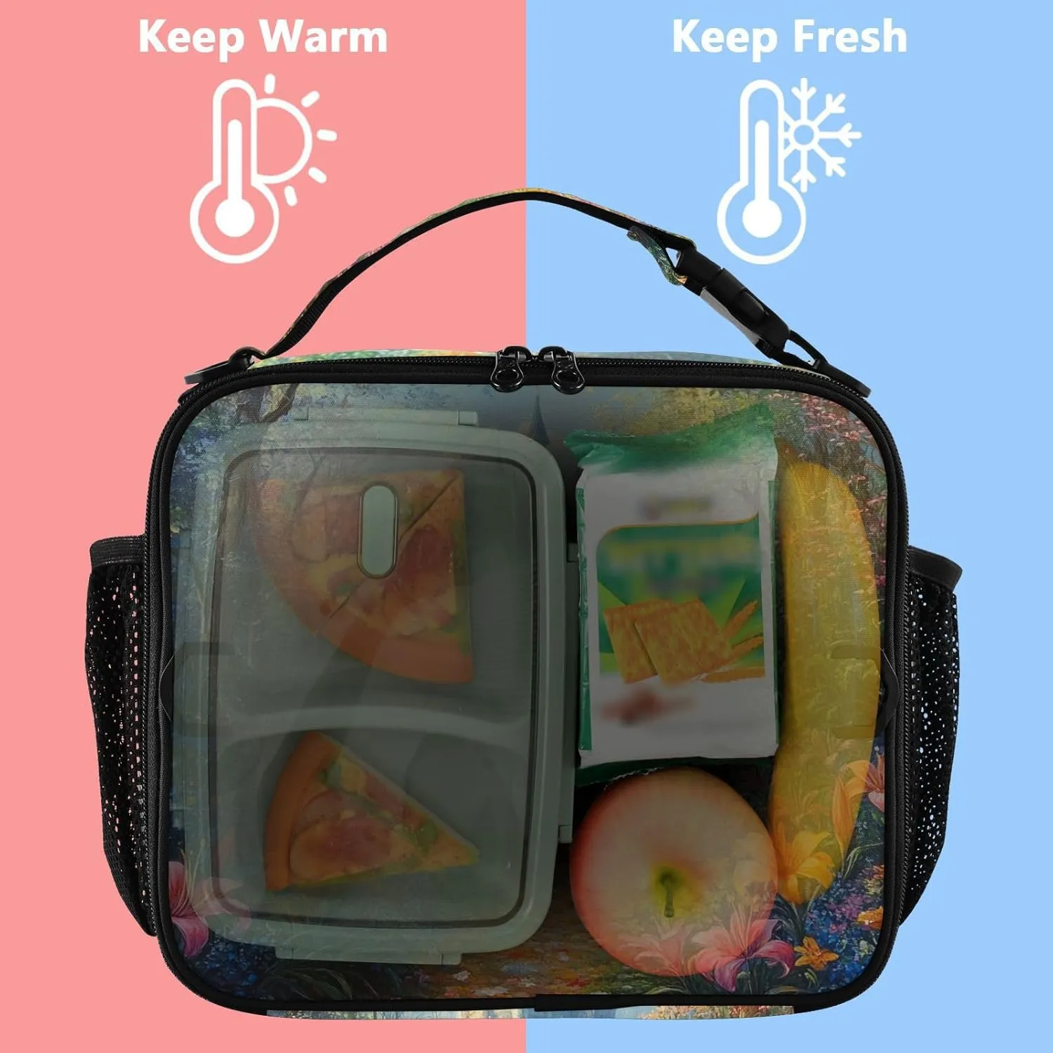 Lunch Bag Lunch Box for Women Men Insulated Cooler Bag Reusable Lunch Box Tote Bag with Strap for Work Picnic Bright Lily Flowers Bush and Forest Castle
